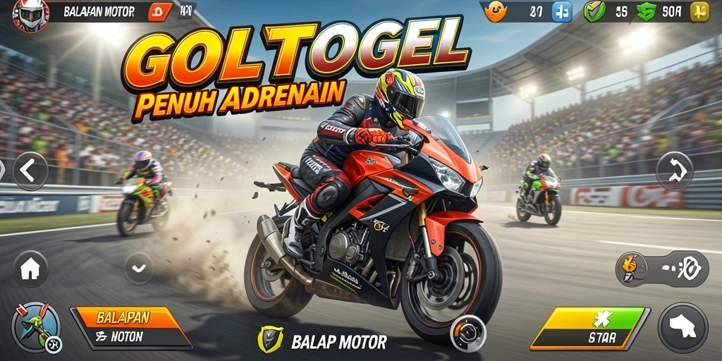 Screenshot GOLTOGEL menampilkan balapan motor yang mendebarkan di trek menantang.