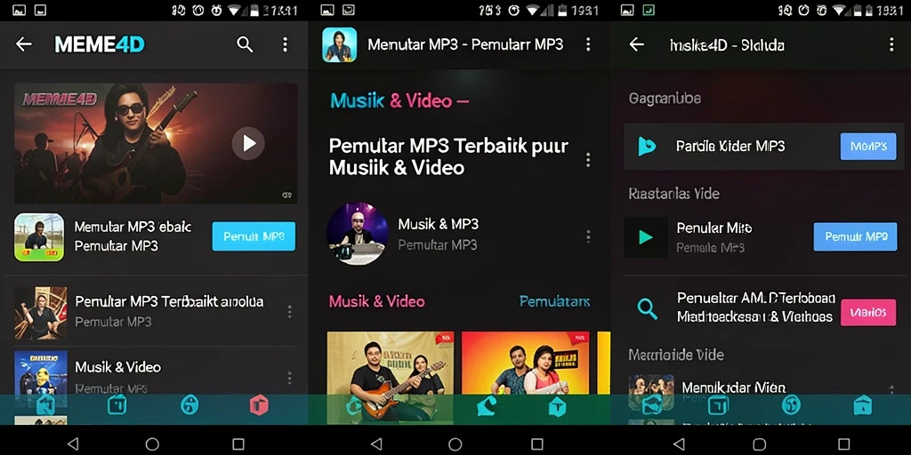 Tampilan antarmuka pengguna aplikasi MEME4D untuk Pemutar MP3.