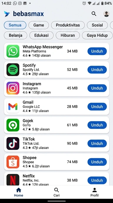 Tampilan katalog aplikasi bebasmax